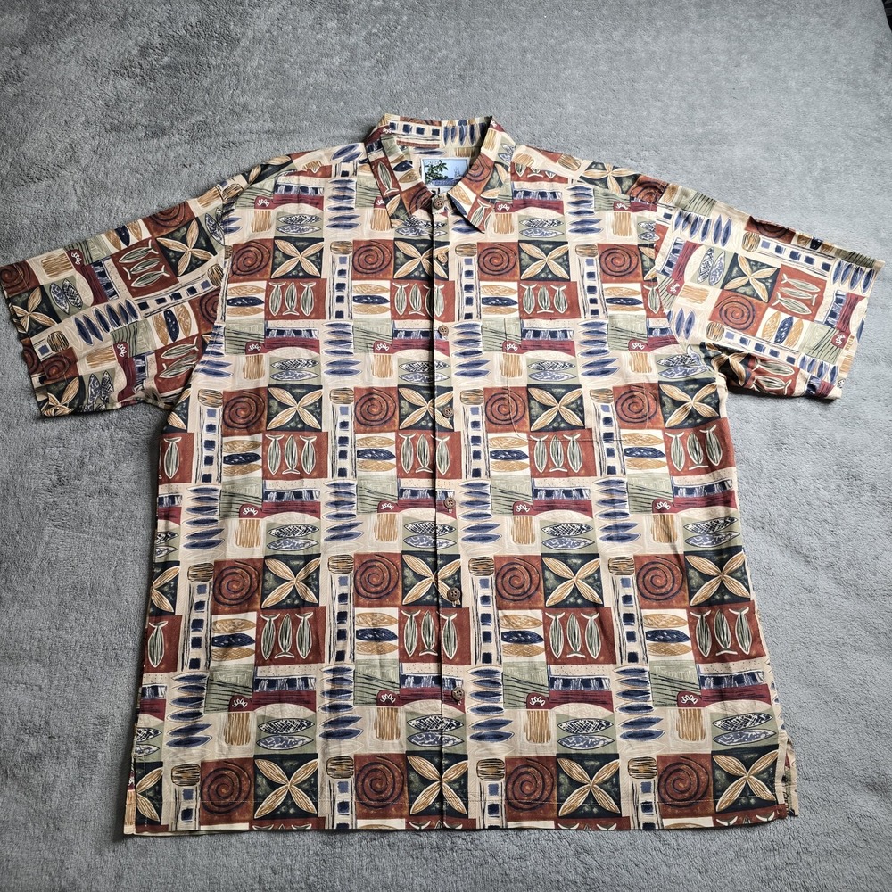 Aftco Bluewater Mens Hawaiian Shirt Size XL Made In USA Brown Short Sleeve